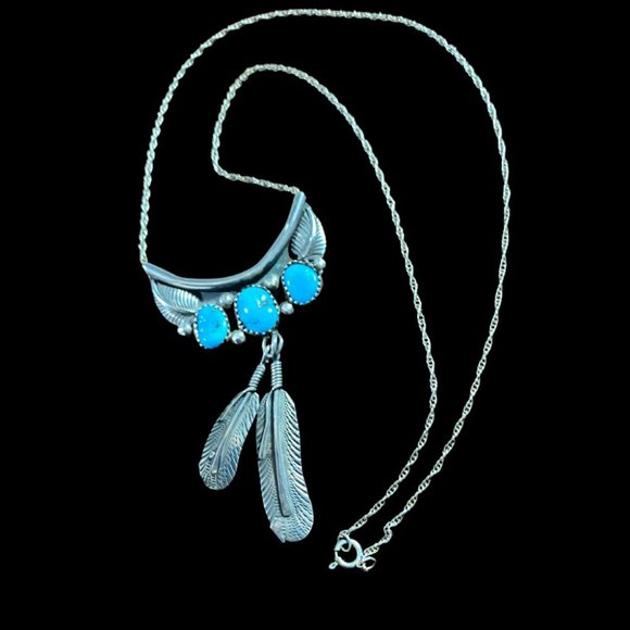 Vintage Navajo Handmade Turquoise & Sterling Silver Feather Necklace NWOT - Picture 1 of 4
